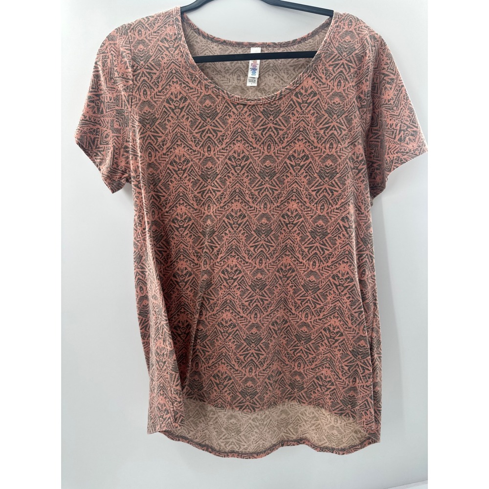 LuLaRoe Irma Tunic Top Womens Large Coral Pink Grey Geometric Tribal High Low L